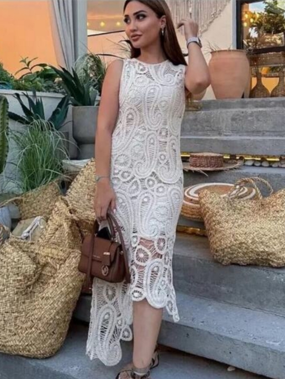 Zara Crochet Midi Dress Cream Size XS
